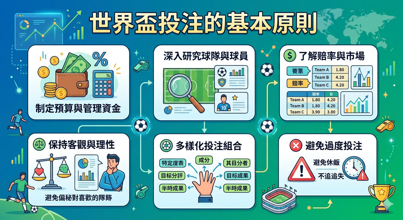 這張圖片以「世界盃投注的基本原則」為標題，透過圖表形式詳細說明了足球投注的各項核心策略。 內容涵蓋資金管理、球隊分析、賠率研究、保持客觀、組合多樣化及避免過度投注等理性的投注心法。