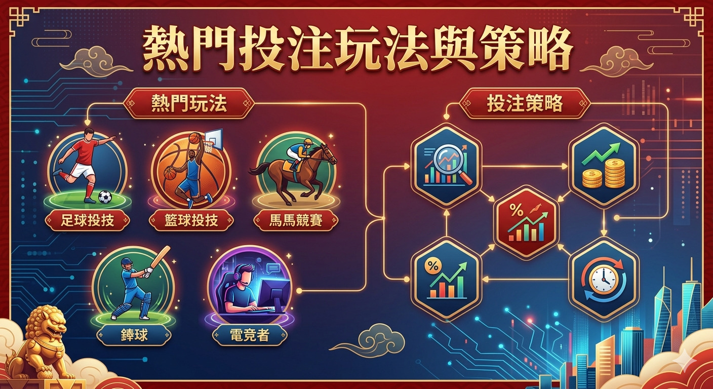 這是一張以「熱門投注玩法與策略」為標題的視覺化圖表，展示了多種熱門運動博弈類型及分析策略。 畫面採用紅色系背景與科技感的線路設計，透過精緻的圖標將足球、籃球、賽馬、棒球及電競玩法與數據分析流程進行了系統性整合。