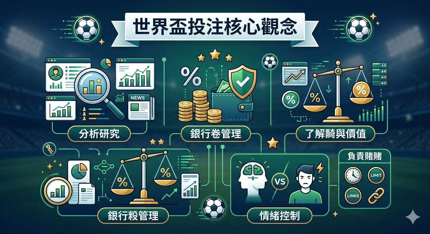 這張圖片以「世界盃投注核心觀念」為標題，透過圖示化方式呈現了投注分析、銀行卷管理與情緒控制等關鍵策略。 整體設計簡潔明瞭，旨在強調理性分析與負責任投注的重要性。