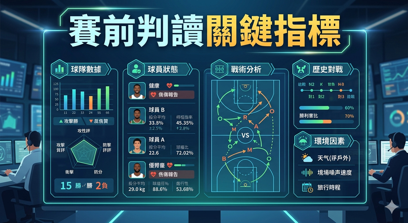 這是一張呈現運動數據分析的科技化儀表板，頂部標題為「賽前判讀關鍵指標」。 畫面整合了球隊數據、球員狀態、戰術分析與環境因素等多項統計資訊，營造出專業賽事決策的分析氛圍。