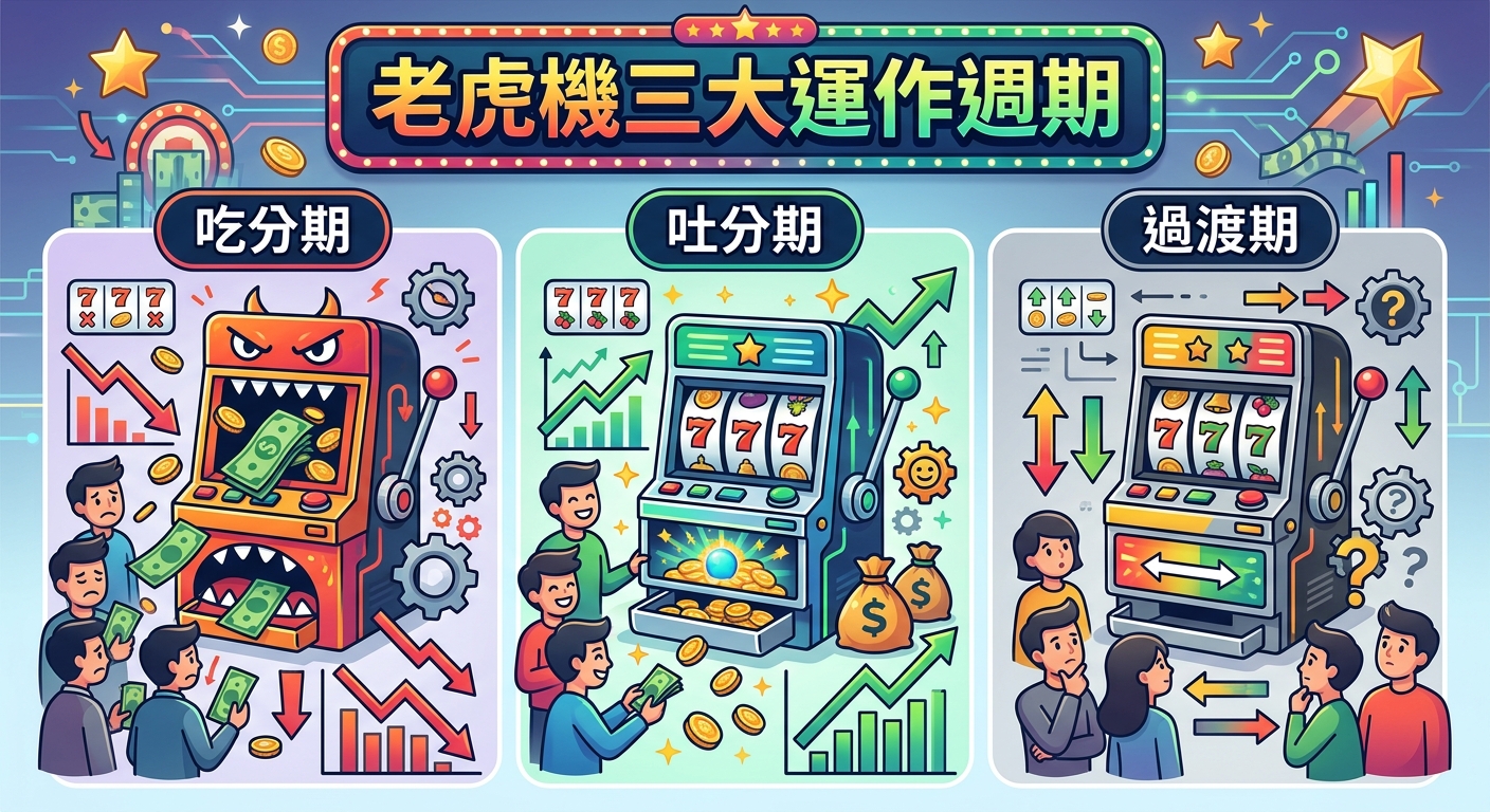 這張圖解以三個區塊展示了老虎機的三大運作週期:吃分期(紅色代表吞錢與下降趨勢)、吐分期(綠色代表發錢與上升趨勢)以及過渡期(灰色代表平穩與不定向)。 整體採用鮮豔的卡通插畫風格,頂部配有醒目的霓虹燈標題「老虎機三大運作週期」。