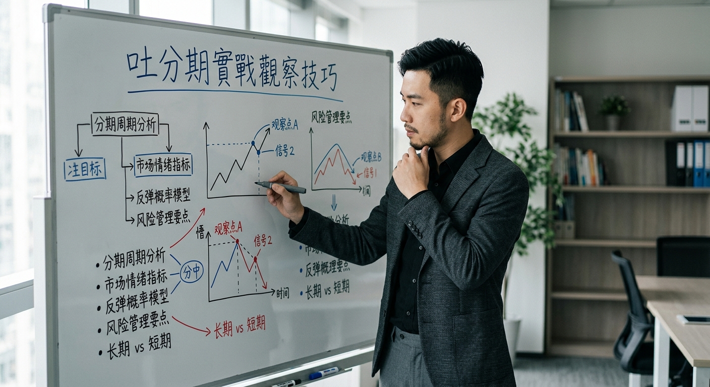 這張圖片展示了一位穿著西裝的專業男子正在白板前分析圖表與數據。 白板頂部寫著標題「吐分期實戰觀察技巧」,下方則繪有詳細的流程圖與趨勢分析。